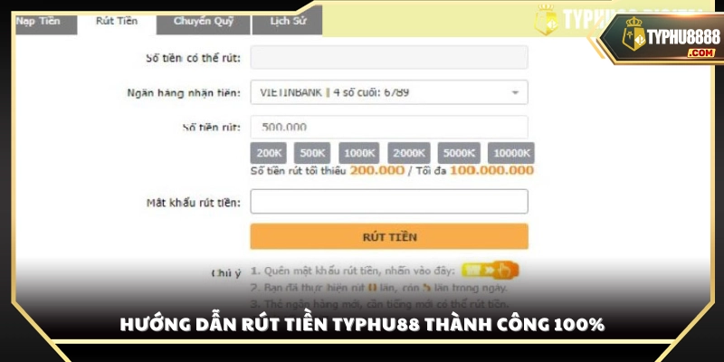Cách thực hiện rút tiền từ tài khoản Typhu88